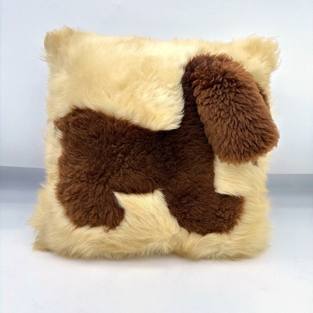 Vintage Alpaca Fur Dog Throw Pillow Patchwork Geometric 2-Sided Cream Brown